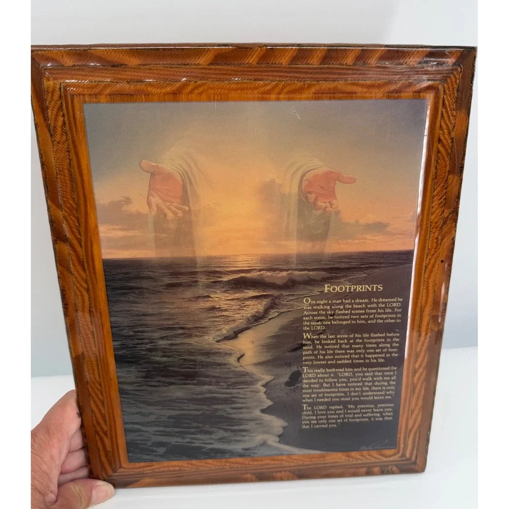 Footprints in the Sand Plaque Brown Wood Resin Religious Laminated Christian